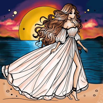 beautiful woman with a vaporous long dress walking on the beach at the noon, detailed art