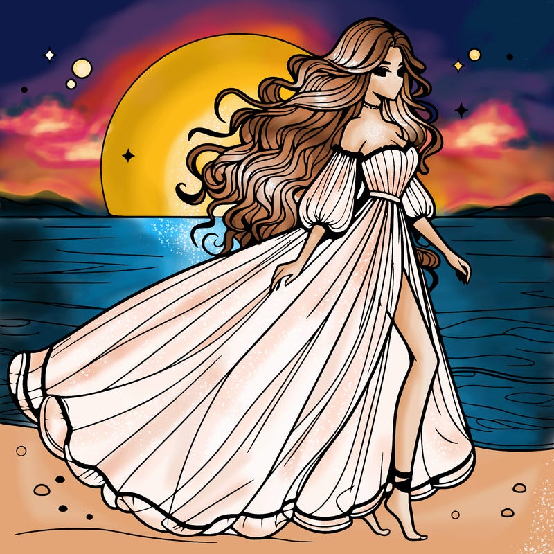 beautiful woman with a vaporous long dress walking on the beach at the noon, detailed art