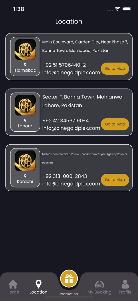 Raiha Cinegold Plex app location screen showing theater branches in Islamabad Lahore and Karachi