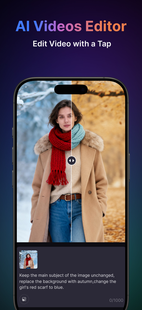Pollo AI - AI Video Generator - A split screen comparison in Pollo AI app showing an AI video editor changing a winter background to autumn and a red scarf to blue based on a text prompt.
