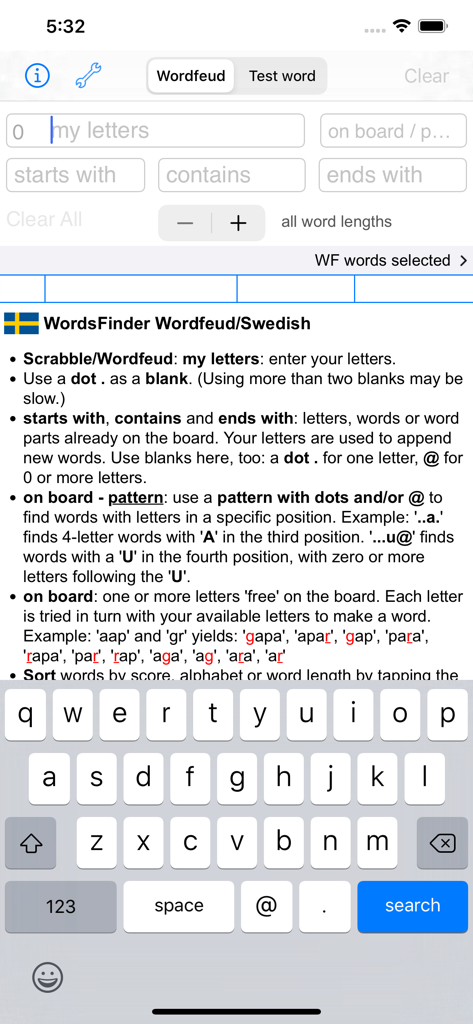 Svenska Words Finder Wordfeud - Interface of the Svenska Words Finder app showing input fields for letters and usage instructions for Wordfeud