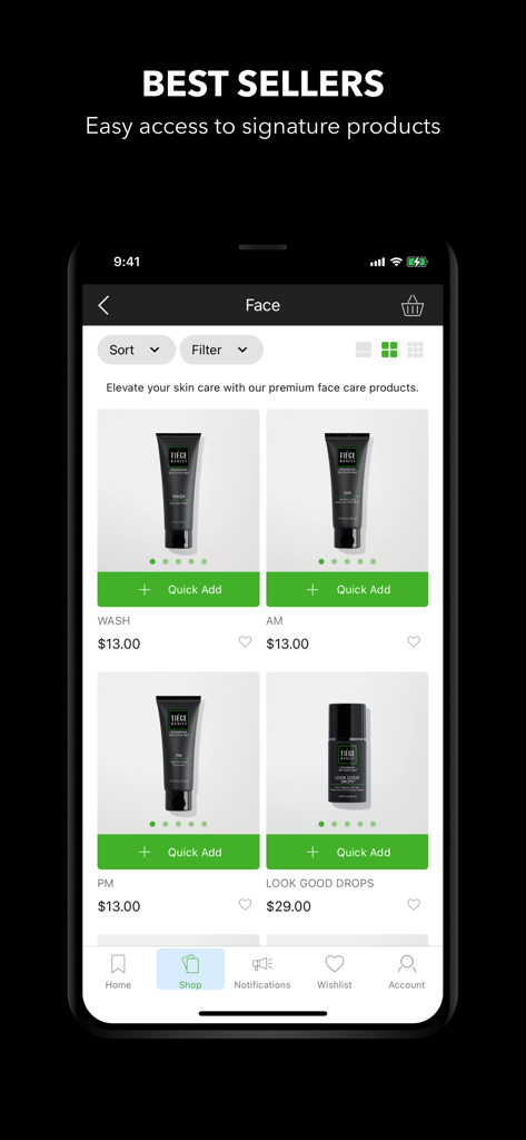 Tiege Hanley - Die Tiege Hanley App Shop-Seite mit einer Sammlung von Hautpflegeprodukten für Männer mit Preisen und Schnell-Hinzufügen-Buttons.