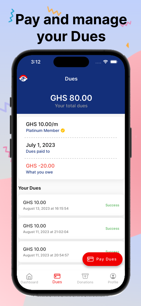 NPP Mobile - A mobile screen for the NPP Mobile app showing membership dues management with a payment button and transaction history.