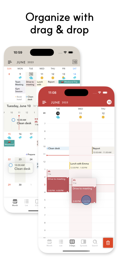 Across: Modern Calendar - Across Modern Calendar app interface showing the drag and drop feature for organizing tasks and events on a mobile interface.