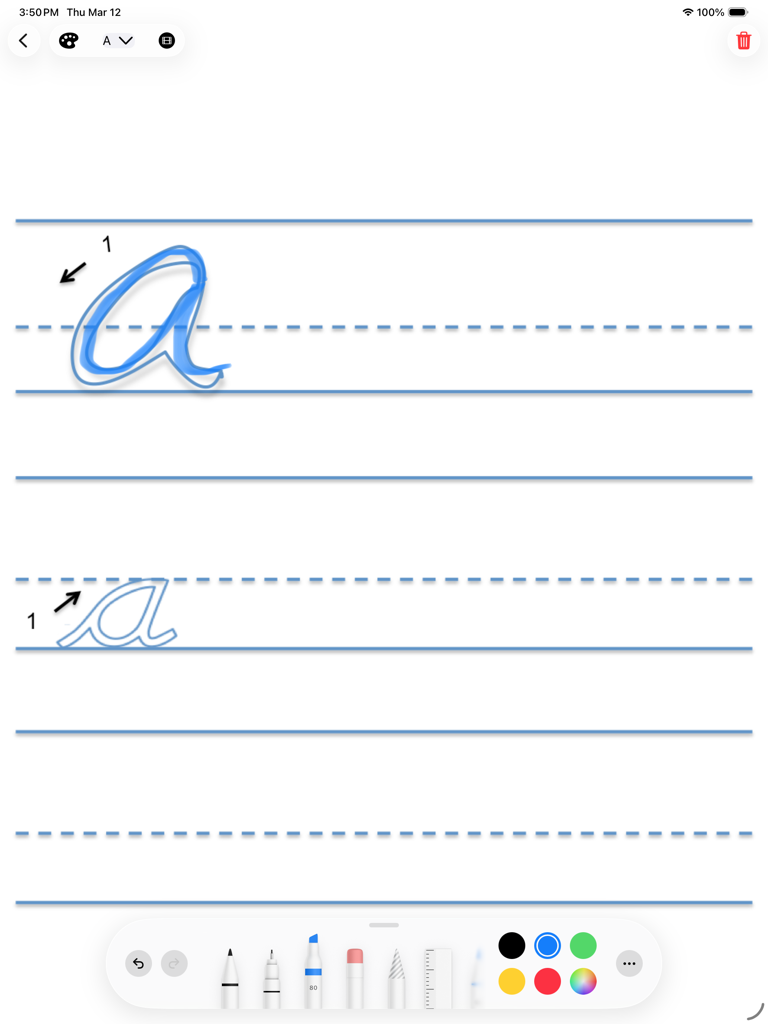 doodle write - Cursive letter a handwriting practice screen with guided lines and drawing tools