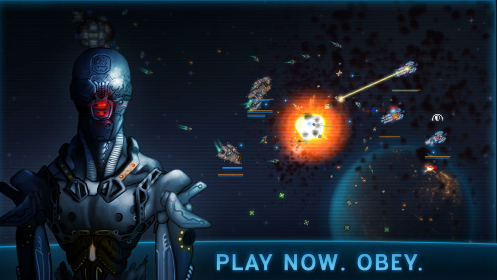 A robotic figure stands next to a tactical space battle with explosions in Battlevoid Harbinger.