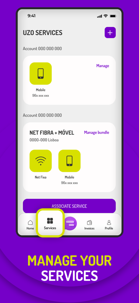 Interface do aplicativo meu UZO mostrando a tela de gerenciamento de serviços com planos móveis e de fibra ótica