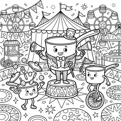 Dive into the whimsical world of our Saucepan Carnival coloring page, where everyday kitchenware transforms into lively circus performers! This delightful scene invites you to bring a bustling fairground to life with your favorite colors.