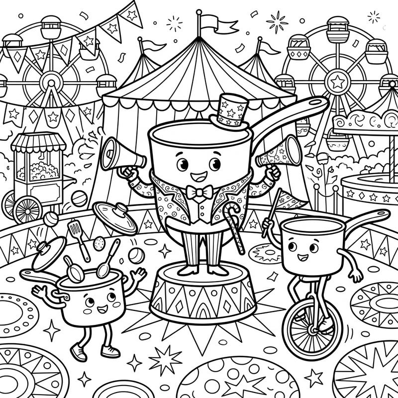Dive into the whimsical world of our Saucepan Carnival coloring page, where everyday kitchenware transforms into lively circus performers! This delightful scene invites you to bring a bustling fairground to life with your favorite colors.