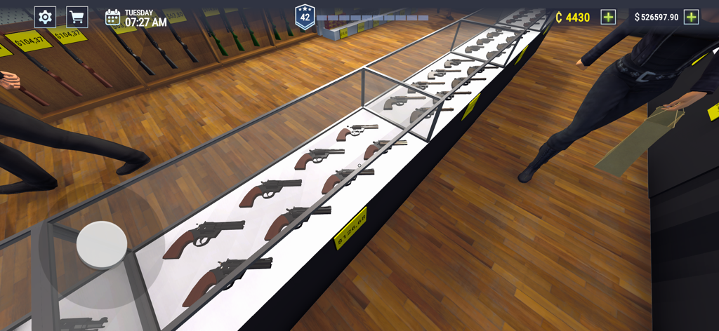 Gun Shop Simulator 3D Shooting - A glass display case filled with handguns and revolvers in the Gun Shop Simulator 3D Shooting mobile game
