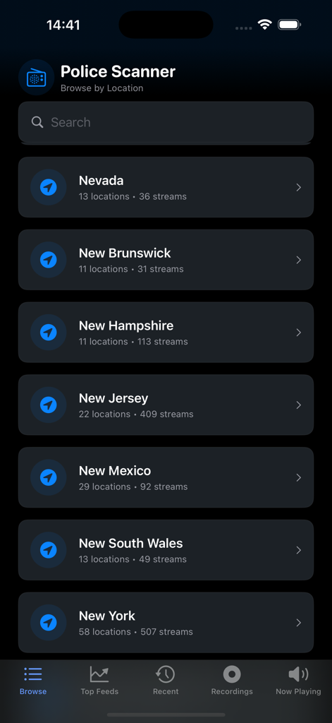 A list of police radio feeds organized by state on the Police Scanner Radio app interface.