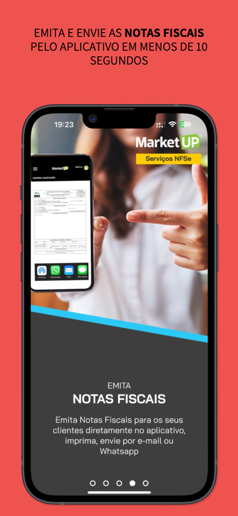 Tela de smartphone mostrando o aplicativo Nota Rápida para emissão e envio de notas fiscais eletrônicas de serviço brasileiras via WhatsApp e e-mail