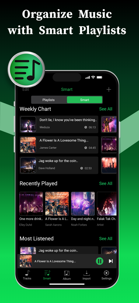 Offline Music Player app interface showing smart playlists with sections for weekly charts and recently played tracks
