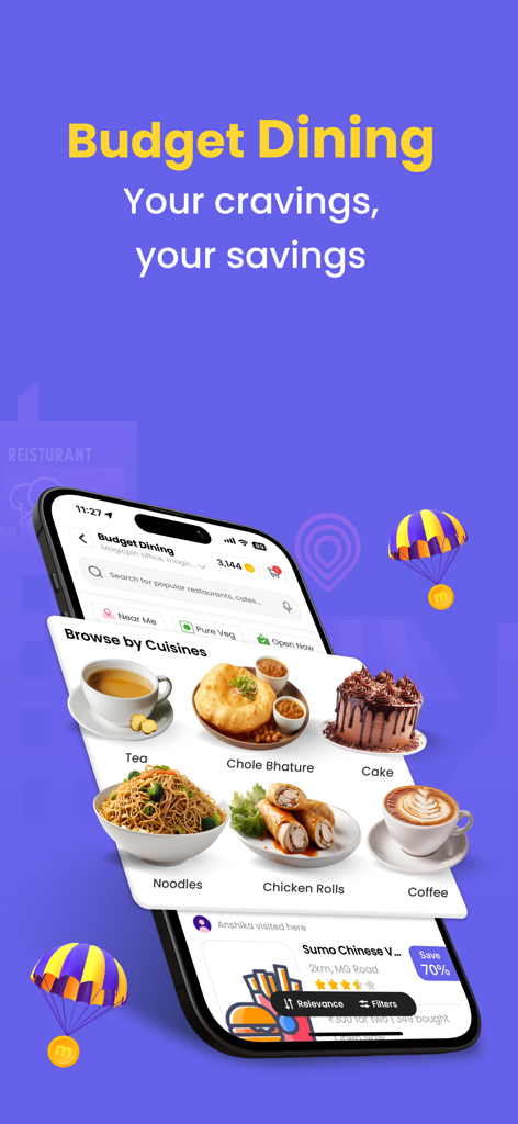 Interface do aplicativo Magicpin exibindo categorias de comida econômica e ofertas de desconto
