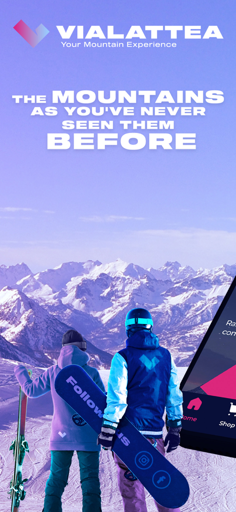 Vialattea Ski - A skier and snowboarder overlooking snow-capped mountain peaks at Vialattea resort.