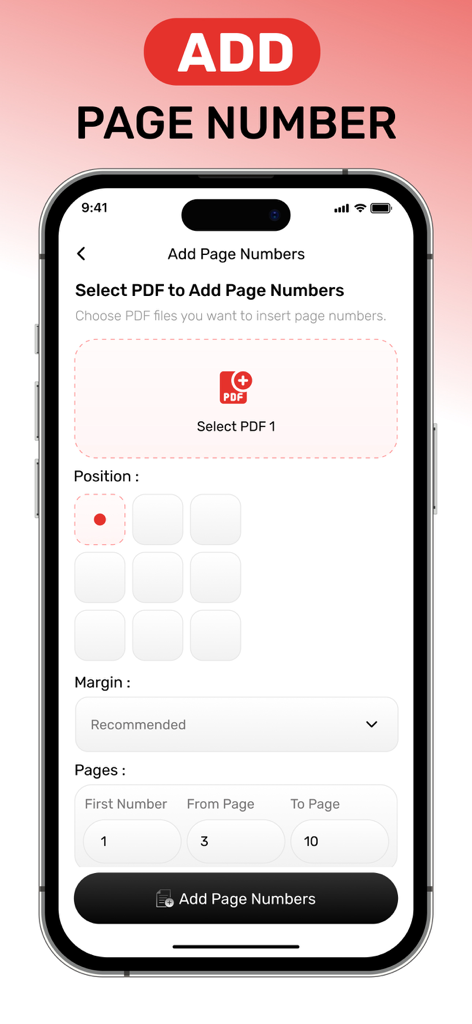 ドキュメントにページ番号を追加するための設定が表示された AI PDF Editor アプリのインターフェイス。