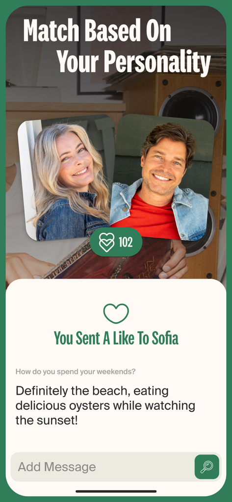 A screen from the eharmony app showing two matched users with the headline Match Based On Your Personality and a message notification