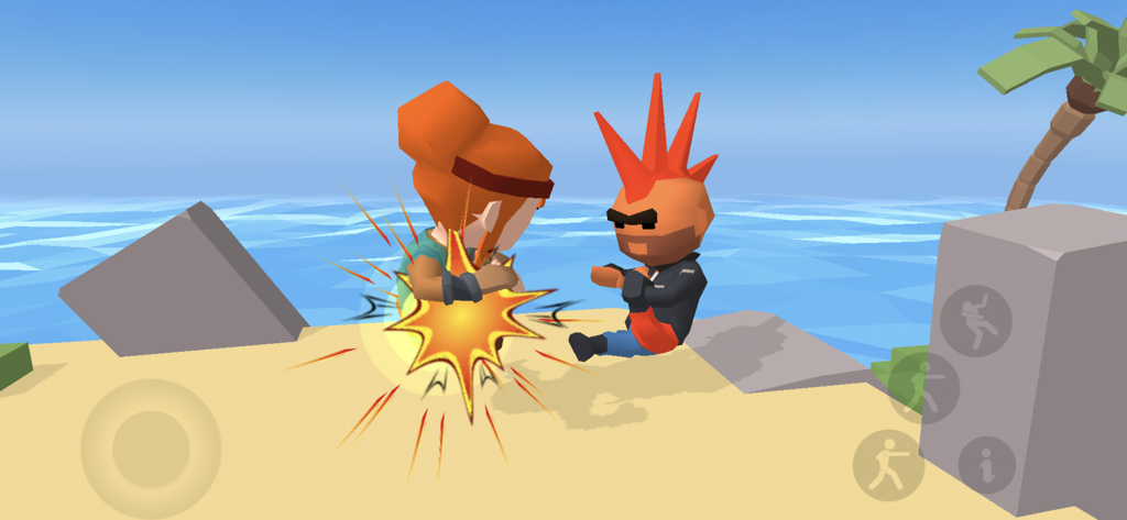 파이트 클럽 올스타즈에서 햇볕이 잘 드는 해변에서 싸우는 두 명의 로우폴리 래그돌 캐릭터