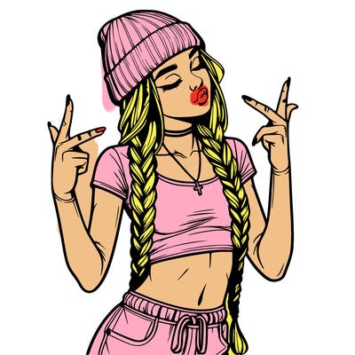 realistic teenage girl with braids and a beanie and crop top doing 🫶🏼