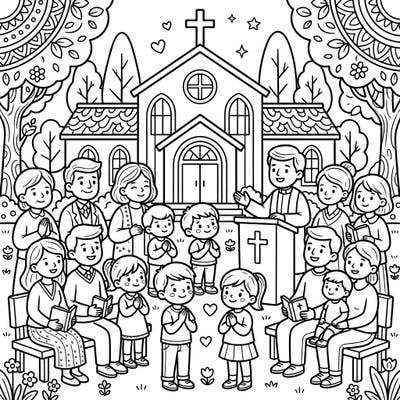 Bring this sweet scene of a church community gathering to life with your favorite colors. Perfect for kids, this printable page captures the spirit of togetherness and faith.