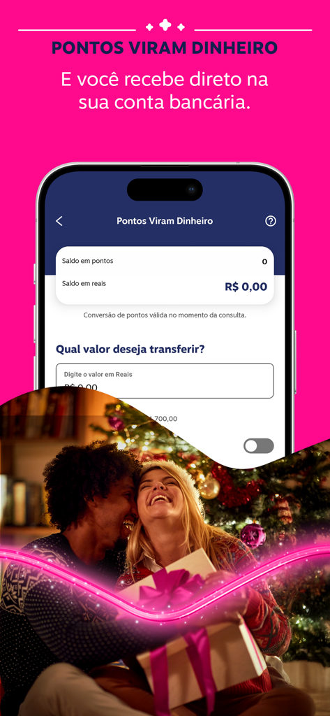 Livelo app screen showing the option to convert reward points into cash transfers to a bank account