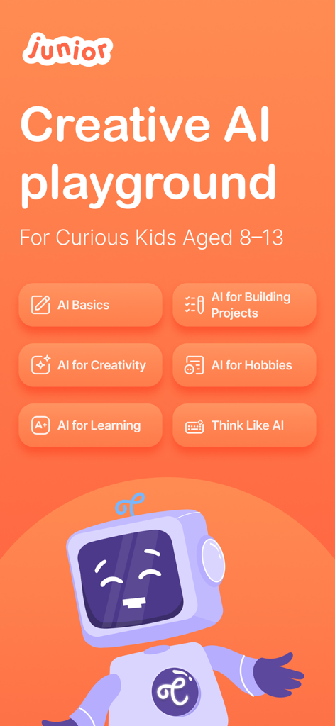 Coursiv Junior - Écran d'accueil de l'application Coursiv Junior montrant des catégories d'apprentissage de l'IA pour les enfants de 8 à 13 ans