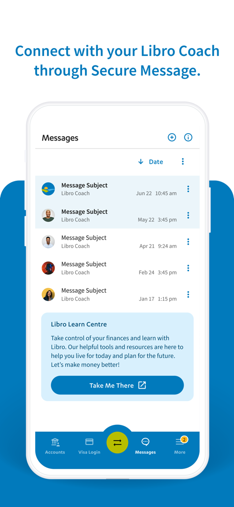 Libro Mobile Banking - Interfaz de la aplicación Libro Banca Móvil que muestra la pantalla de mensajería segura para conectarse con un Coach Libro.