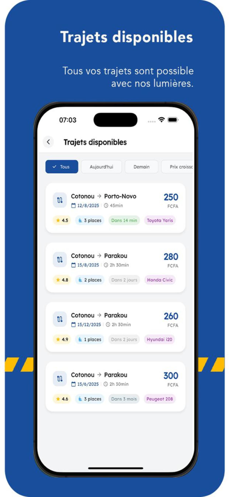 4u-for you - Mobile app screen showing a list of available ride options with route details prices and vehicle models