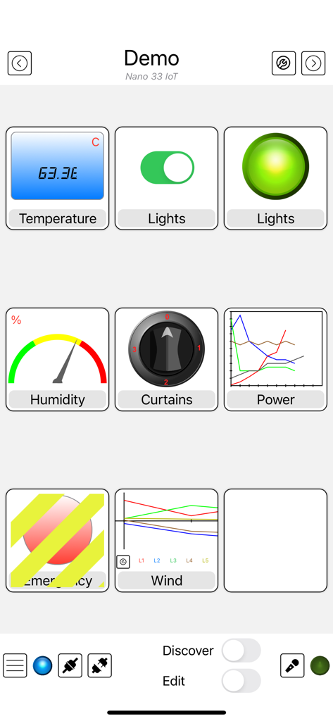 Interface of the Arduino Manager app displaying various control widgets like graphs, switches, and gauges for a microcontroller project