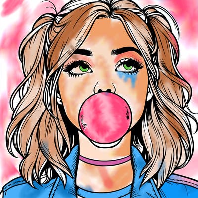 realististic girl blowing bubble -gum