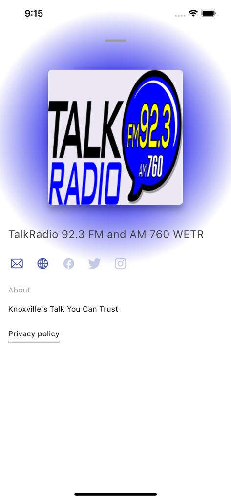Talk Radio 92.3 - Talk Radio 92.3 FM and AM 760 station info screen with social media icons