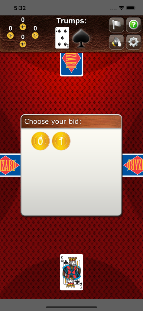 Uma captura de tela do app móvel Wizard mostrando a tela de lances onde um jogador escolhe seu lance para a rodada.