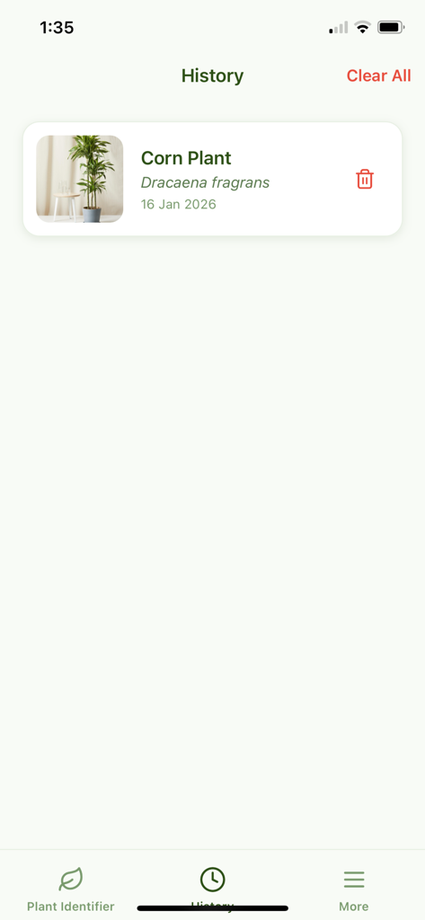 Plant ID & Info App - A smartphone screen showing the scan history of identified plants in the app including a corn plant