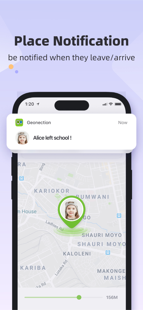 Geonection - Location Tracker - Geonection app showing a real-time notification for a child leaving school on a map