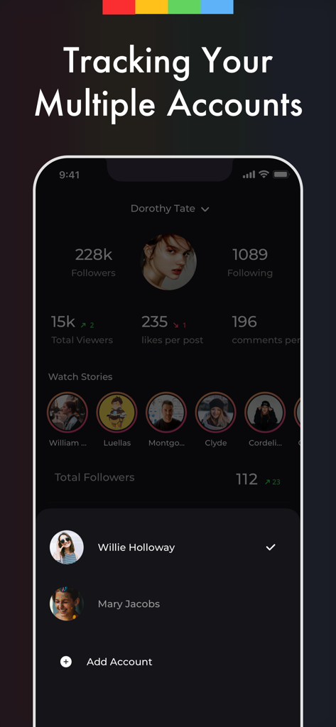 Reports Unfollowers Followers+ - Dashboard of the Reports app showing multi-account management and follower metrics for Instagram.