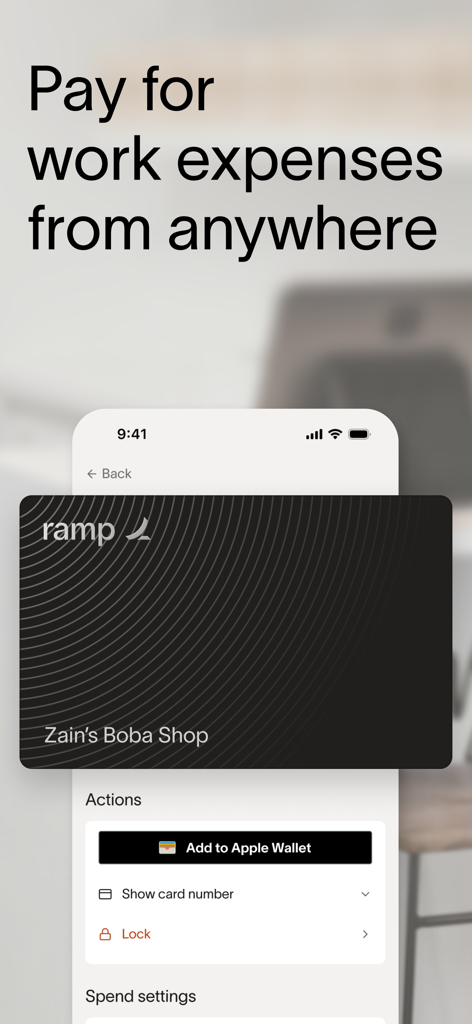 Ramp App-Oberfläche, die eine Firmenkarte mit der Option, sie zur Apple Wallet hinzuzufügen, anzeigt