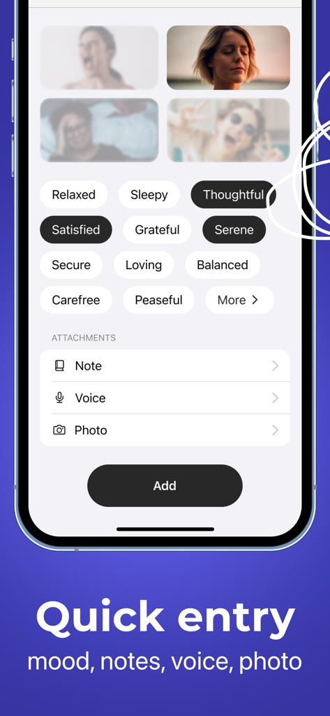 ボイスと写真の添付ファイルで気分を追跡するためのメンタル・カームアプリの画面