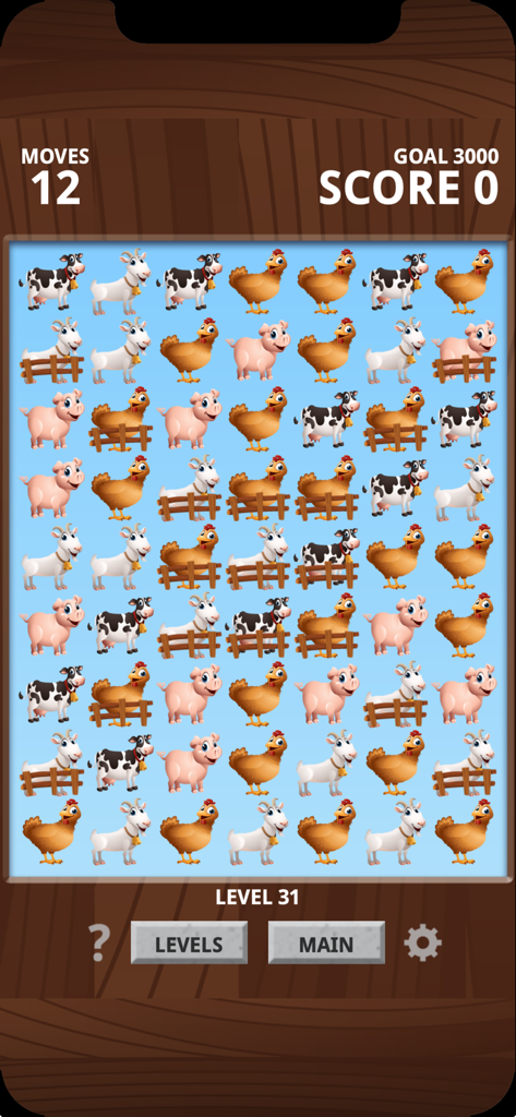 Farm Animal Match Up Game - Gameplay screen of Farm Animal Match Up Game showing a match three puzzle grid with cartoon cows pigs and goats