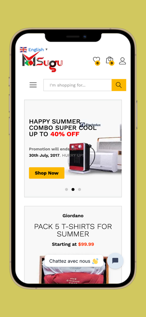 Msugu Shopping - The homepage of the Msugu Shopping app showing summer deals on electronics and clothing