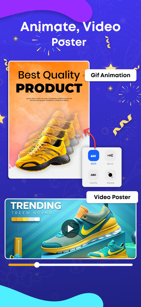 Flyer Maker · Poster Maker - Interfaz mostrando cómo crear pósters animados en video para anuncios de productos con zapatillas.