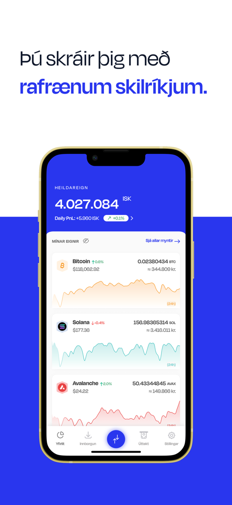 Myntkaup mobile app interface showing a cryptocurrency portfolio with Bitcoin and Solana price charts