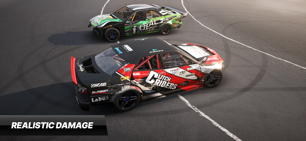 CarX Drift Racing 3 - Two customized drift cars on a track showcasing the realistic damage system in CarX Drift Racing 3