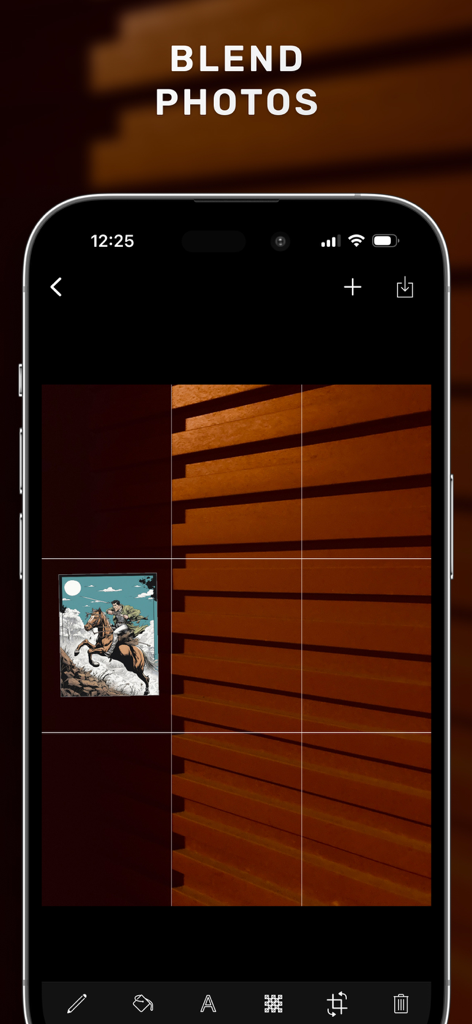 Watermark・Add Text on Photo - Interfaz móvil de la aplicación Marca de Agua mostrando la función de fusión de fotos en la pantalla de un iPhone.