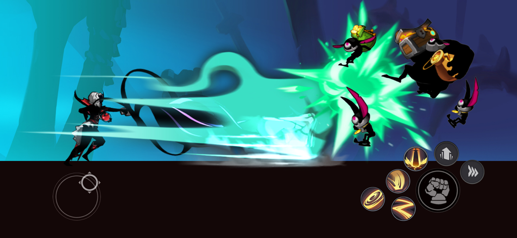 A shadow ninja performing a glowing green special attack against enemies in Stickman Master