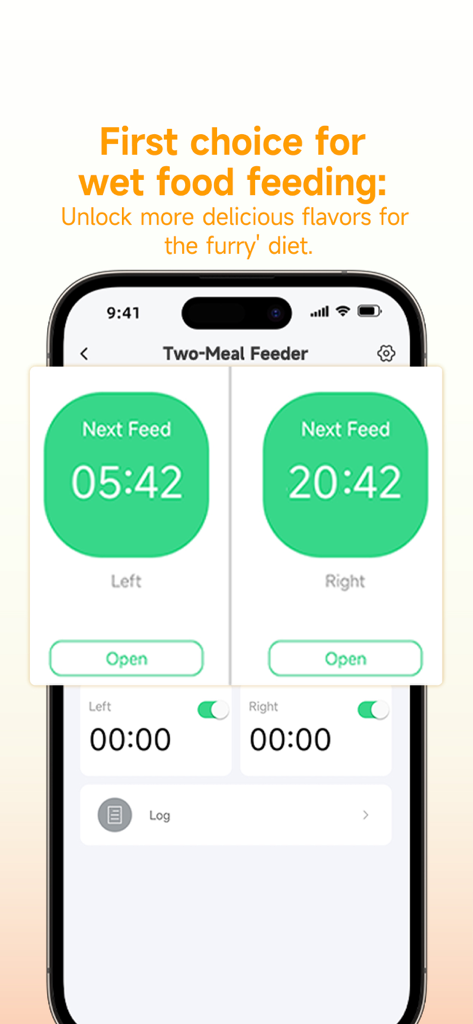 Petoneer mobile app interface showing a two-meal feeder with countdown timers and manual open buttons