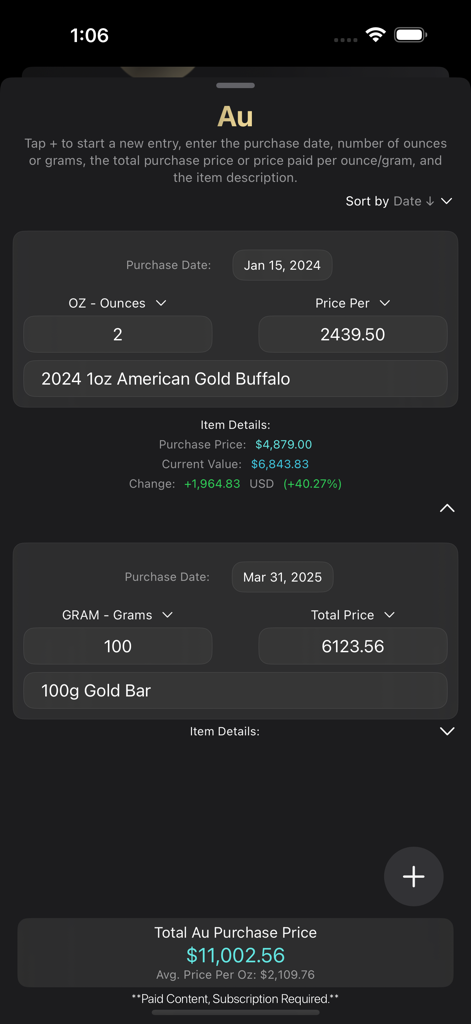 Interface of the Ounces plus app showing a detailed gold bullion portfolio with entries for American Gold Buffalo coins and gold bars
