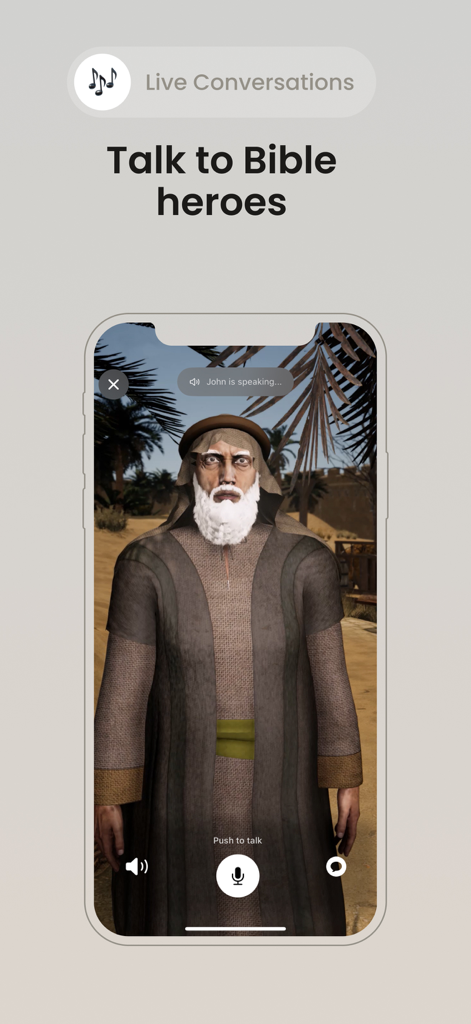 Luminus - Bible Daily Learning - A 3D representation of a biblical hero in the Luminus app interface for live AI conversations.