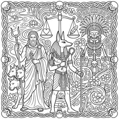 Embark on an epic coloring adventure with powerful gods and goddesses from the underworld. This intricate page brings together Hades, Anubis, and a Mesoamerican death deity, inviting you to explore ancient myths with your favorite colors.