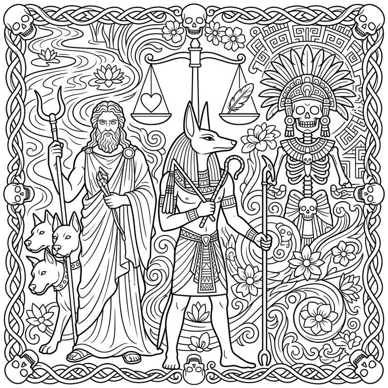 Embark on an epic coloring adventure with powerful gods and goddesses from the underworld. This intricate page brings together Hades, Anubis, and a Mesoamerican death deity, inviting you to explore ancient myths with your favorite colors.