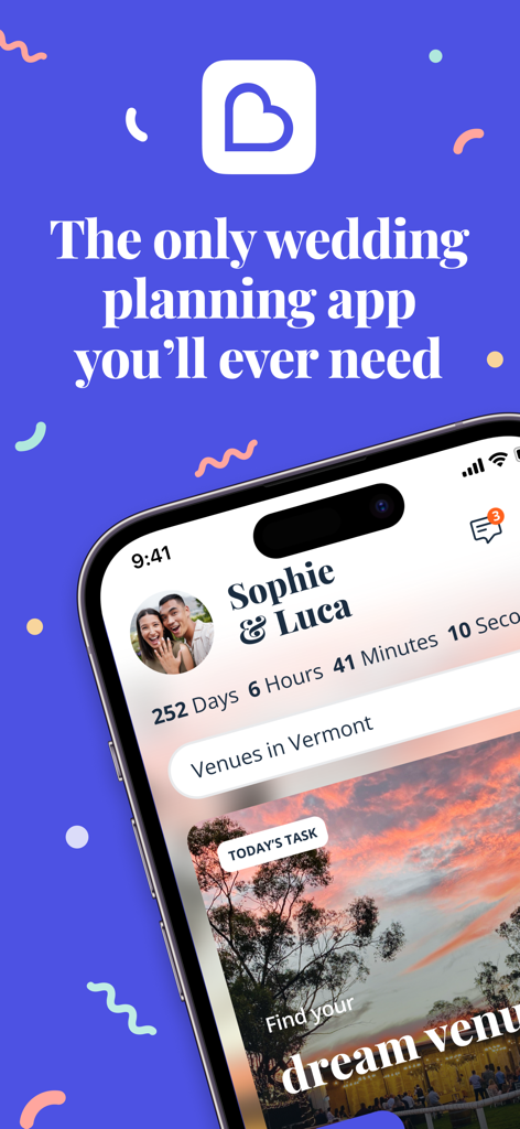 Bridebook - #1 Wedding Planner - Interface do aplicativo Bridebook mostrando uma contagem regressiva para o casamento e recurso de busca de locais